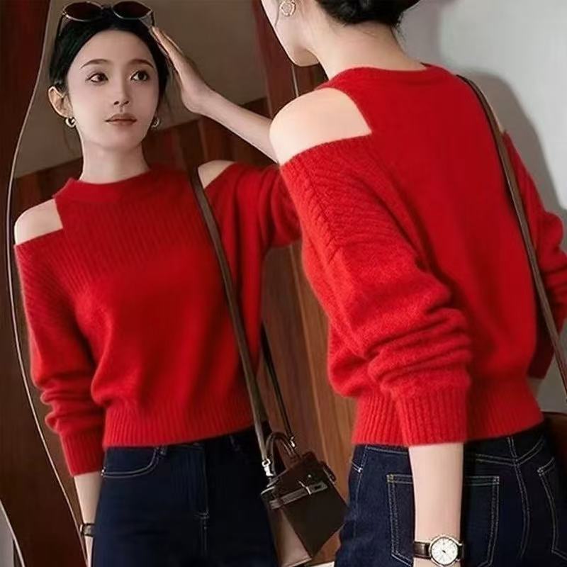 小个子短款纯色露肩设计感上衣女秋冬新款超好看高腰显瘦针织毛衣