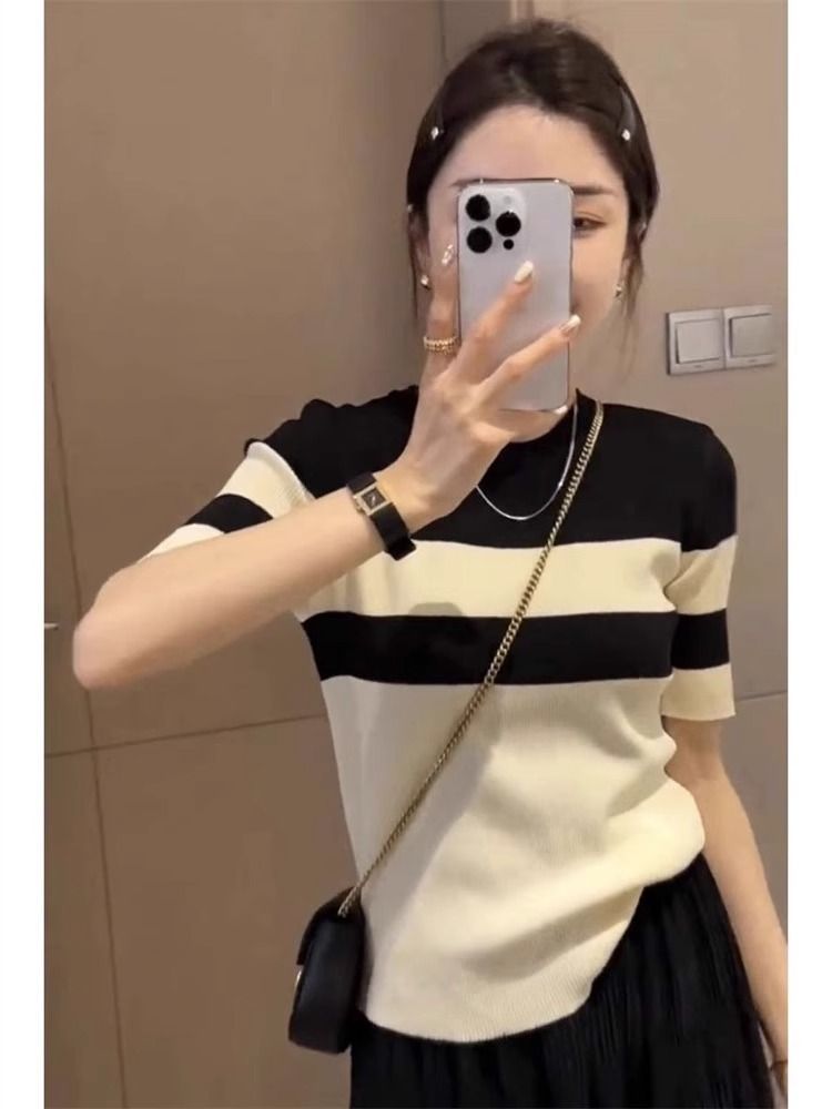 针织条纹短袖T恤女士春夏薄款轻奢高级感圆领打底衫拼色内搭上衣