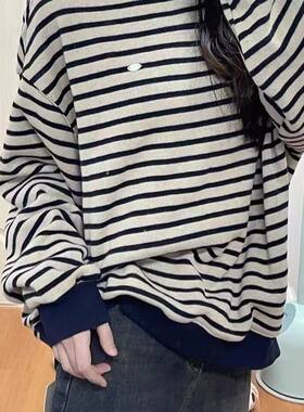 chic复古港味条纹圆领针织女春秋装薄款百搭宽松休闲长袖上衣外套