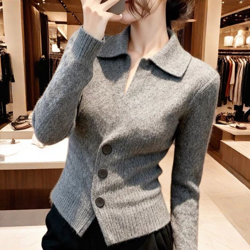 2025秋冬季新款时尚翻领显瘦高级灰毛衣显瘦百搭高级感针织衫上衣