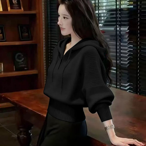 半拉链连帽毛衣上衣女秋冬设计感小众高级感修身长袖针织衫外套女