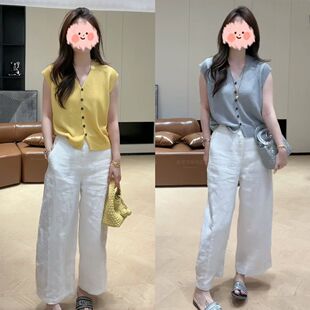 时尚 2025夏季 上衣显瘦可搭阔腿裤 针织衫 新款 百搭单排扣V领短袖