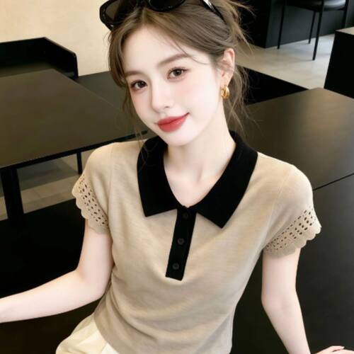 夏季撞色翻领大码针织短袖T恤女
