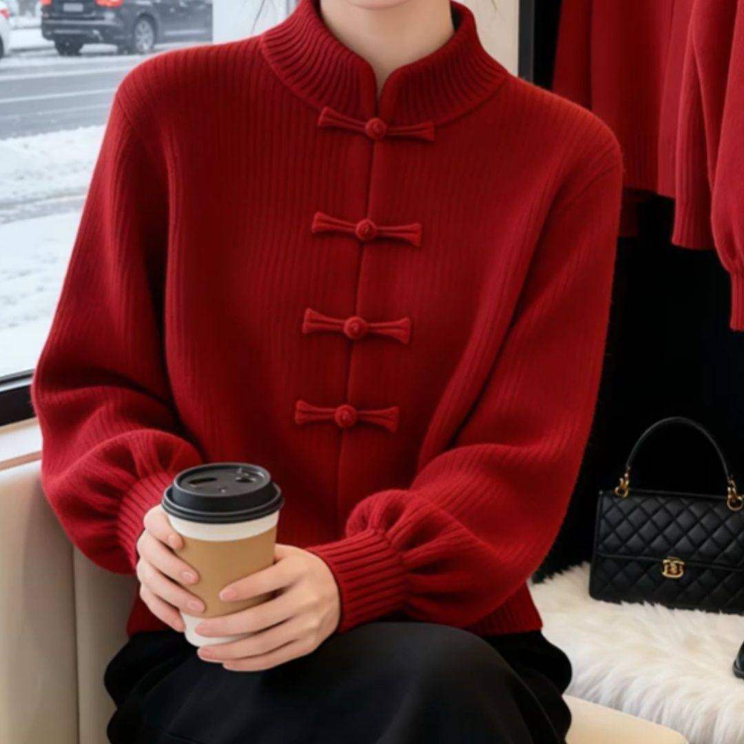 新中式立领盘扣软糯针织开衫女秋冬本命年红色氛围感新年穿搭毛衣,女装/女士精品,毛针织衫,淘宝优惠券,粉丝福利购,淘宝优惠卷
