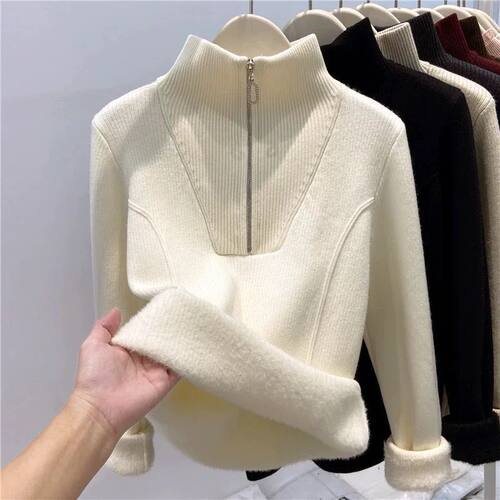 一体绒加厚半高领打底上衣女秋冬设计感半拉链内搭保暖针织衫毛衣