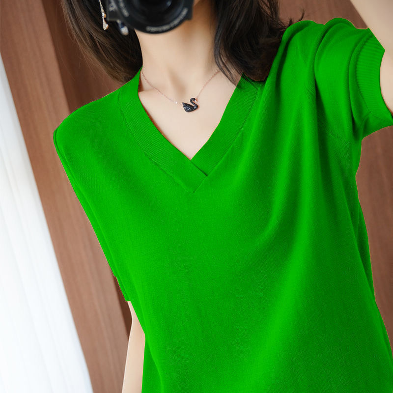 宽松显瘦【200斤可穿】冰丝短袖T恤女夏季新款V领大码针织体恤衫