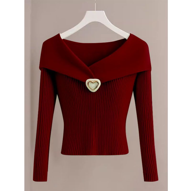 早秋新款韩系chic酒红色上衣女2024秋冬洋气别致内搭打底上衣