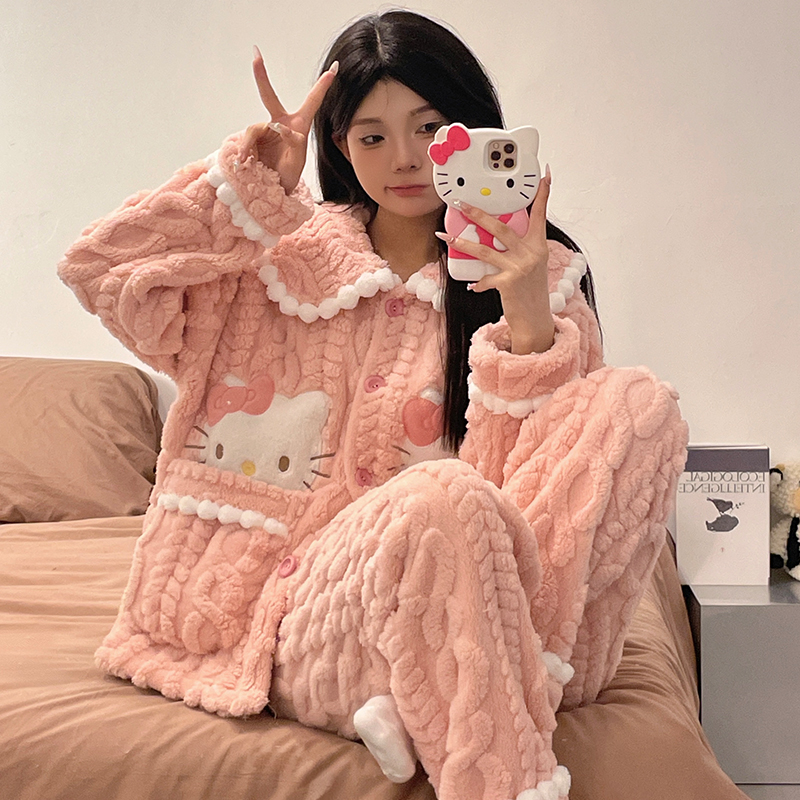 珊瑚绒睡衣女款秋冬季加厚绒可爱法兰绒卡通可外穿少女家居服套装