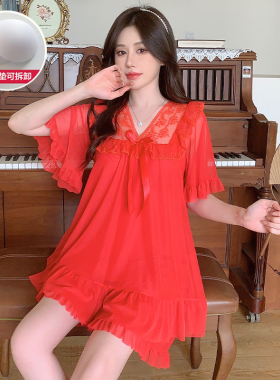 带胸垫睡衣女夏季短袖网纱莫代尔红色本命年甜美公主风家居服套装