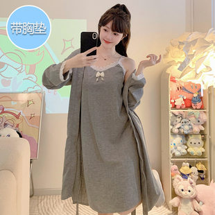 带胸垫吊带睡裙女春秋夏季纯棉长袖睡袍胖MM大码睡衣家居服两件套
