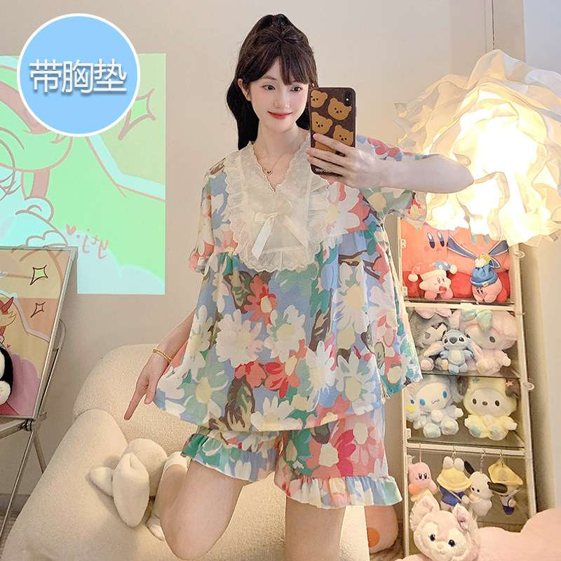 带胸垫睡衣女夏季云朵棉短袖短裤甜美花朵加大码家居服套装可外穿