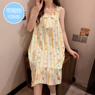 带胸垫睡裙女夏天季 睡衣家居服 云朵棉无袖 背心吊带甜美可爱中长款