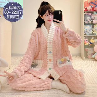 珊瑚绒睡衣女秋冬季加厚绒法兰绒花朵加肥加大码200斤家居服套装