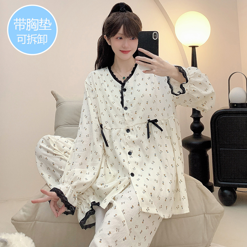 带胸垫睡衣女春季纯棉长袖加大码