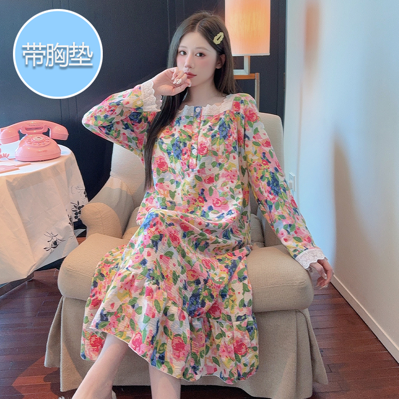 带胸垫大码睡裙女秋季云朵棉长袖
