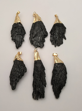 天然羽毛黑碧玺原石项链吊坠雀尾黑凤尾电气石礼物原创设计送链子