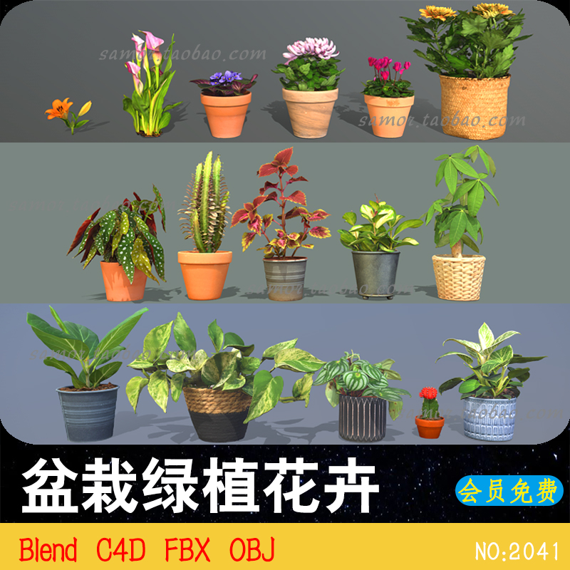 Blend盆栽绿植花朵花卉室内植物C4D软装饰FBX设计素材OBJ模型文件