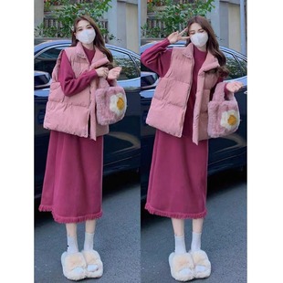 秋冬季羽绒棉马甲棉服外套女微胖加厚打底针织连衣裙显瘦两件套装