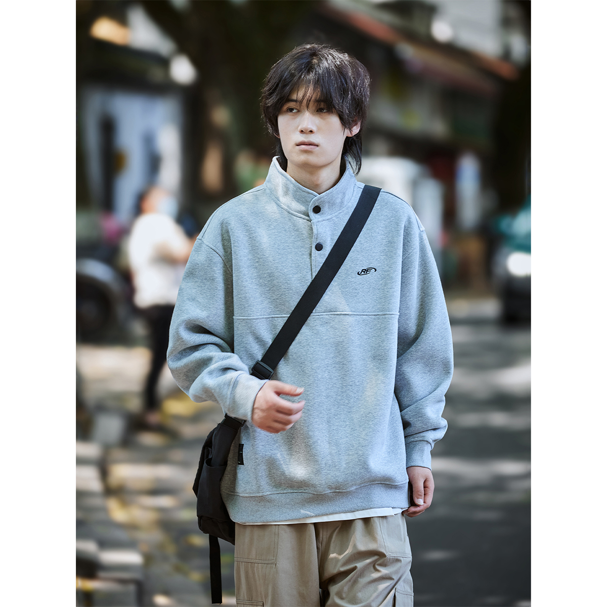 南鹤重磅宽松男士卫衣春秋新款美式潮牌无帽打底衫亨利领痞帅上衣