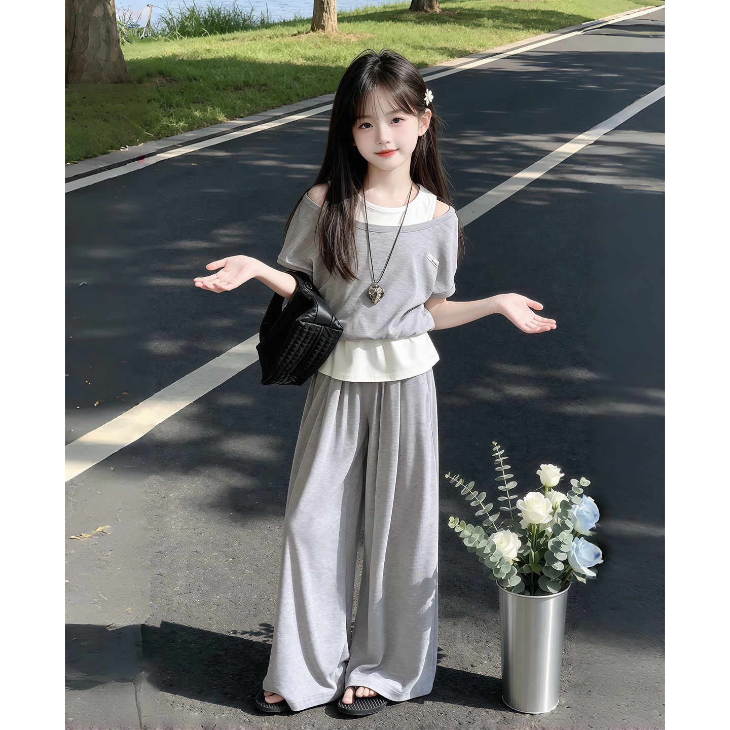 女童夏季超火短袖套装2026新款女孩大童假两件T恤夏装冰丝阔腿裤