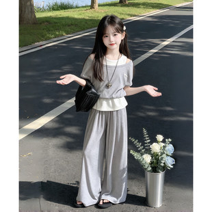 女童夏季超火短袖套装2026新款女孩大童假两件T恤夏装冰丝阔腿裤