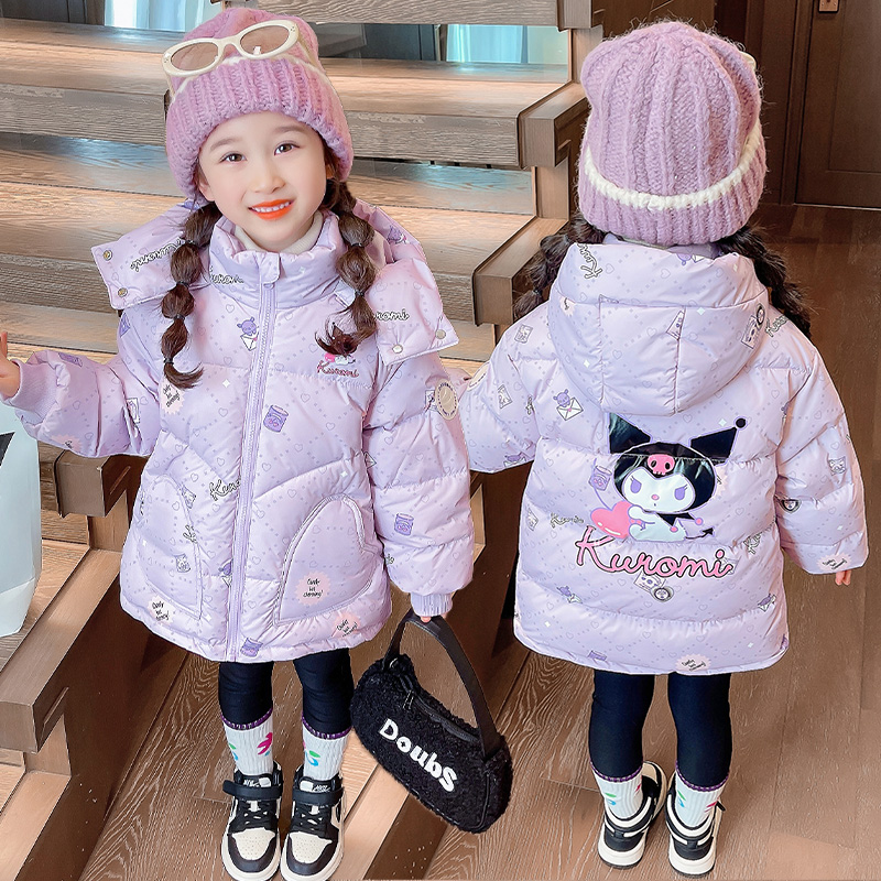女童卡通库洛米新款棉服长款连帽外套保暖儿 童洋气加厚冬装潮