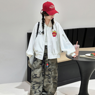 女童韩系印花棒球服外套2026新款时尚短款夹克宽松上衣服