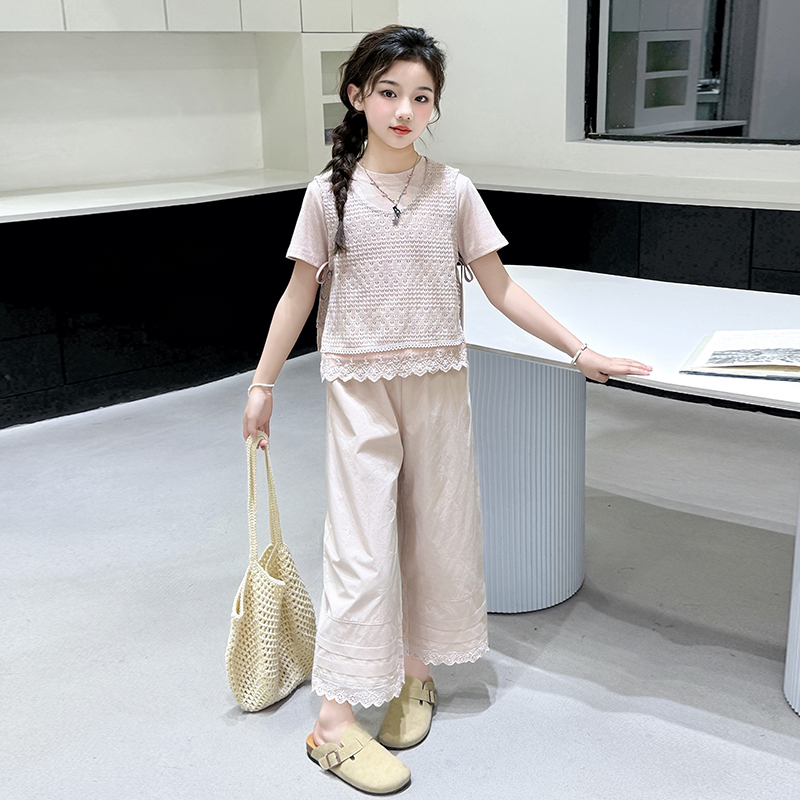 女童背心蕾丝边短袖三件套2025夏季新款九分阔腿裤大儿童T恤套装t