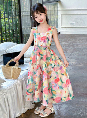 女童吊带裙夏装2024新款儿童夏季洋气网红连衣裙大童女装沙滩裙子