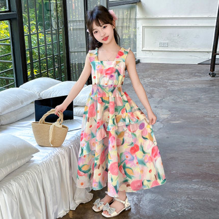 女童吊带裙夏装2024新款儿童夏季洋气网红连衣裙大童女装沙滩裙子