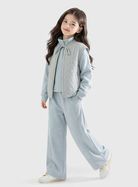 女童冬装加绒加厚运动套装2026新款中大童洋气休闲夹棉马甲三件套