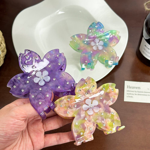 正品醋酸重工镶钻樱花抓夹设计感爱心花朵发夹百搭盘发鲨鱼夹发饰