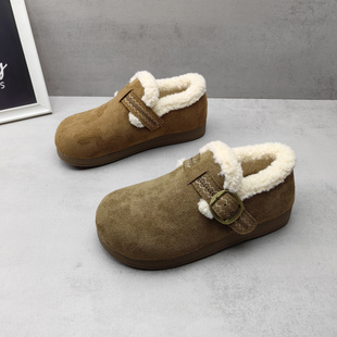 防滑懒人女棉鞋 森系绒面加绒保暖女生毛毛勃肯鞋 款 实拍2025冬季