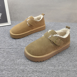 2024冬季女鞋休闲圆头平底棉鞋加绒防滑勃肯鞋乐福鞋绒面雪地棉