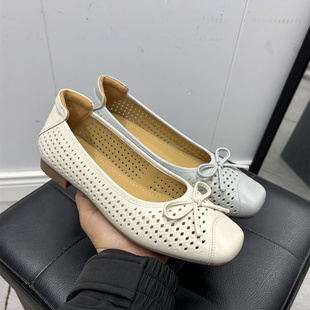 真皮镂空2026春夏款牛皮透气平底浅口单鞋女蝴蝶结软底百搭通勤鞋