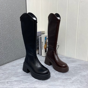 实拍2025秋冬款 Pu皮加绒保暖女厚底防滑骑士后拉链靴不过膝长靴