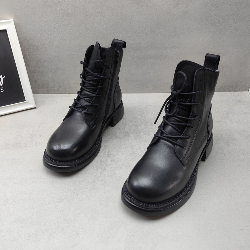 2024冬季靴女鞋真皮牛皮圆头英伦拉链低跟方跟加绒马丁靴女靴短靴