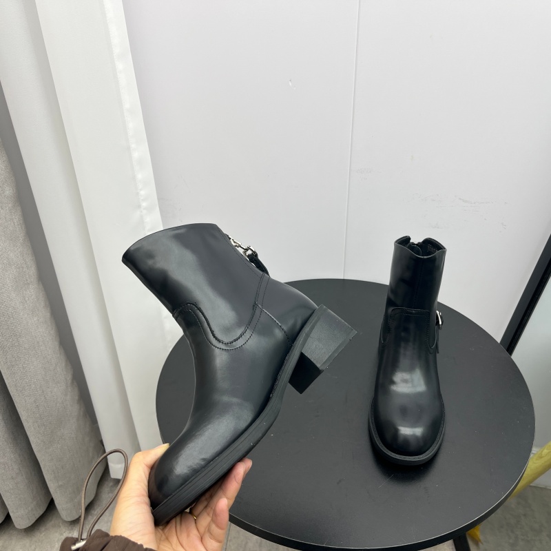 真皮牛皮粗跟短靴女后拉链短靴