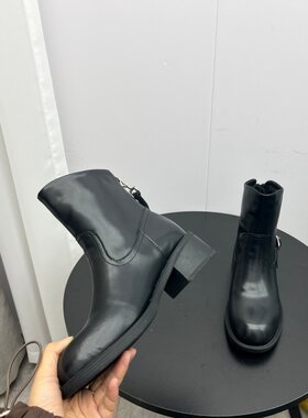 真皮牛皮粗跟短靴女后拉链短靴
