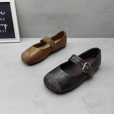 真皮复古方头平跟玛丽珍单鞋