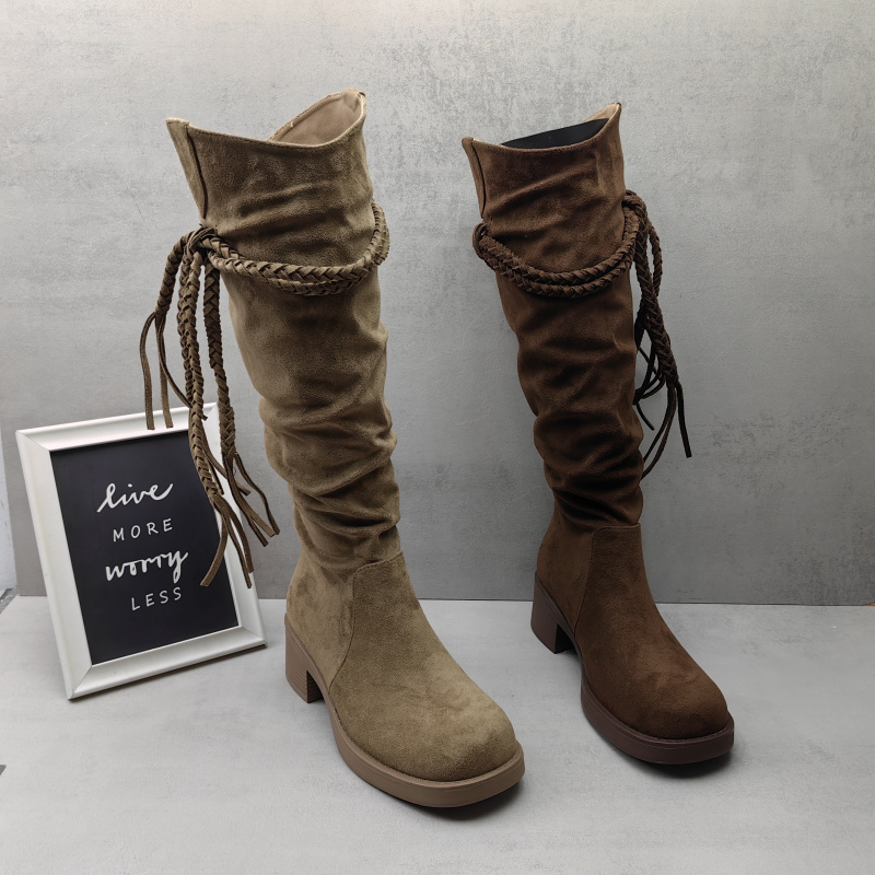 秋冬加绒复古流苏圆头粗跟长筒靴
