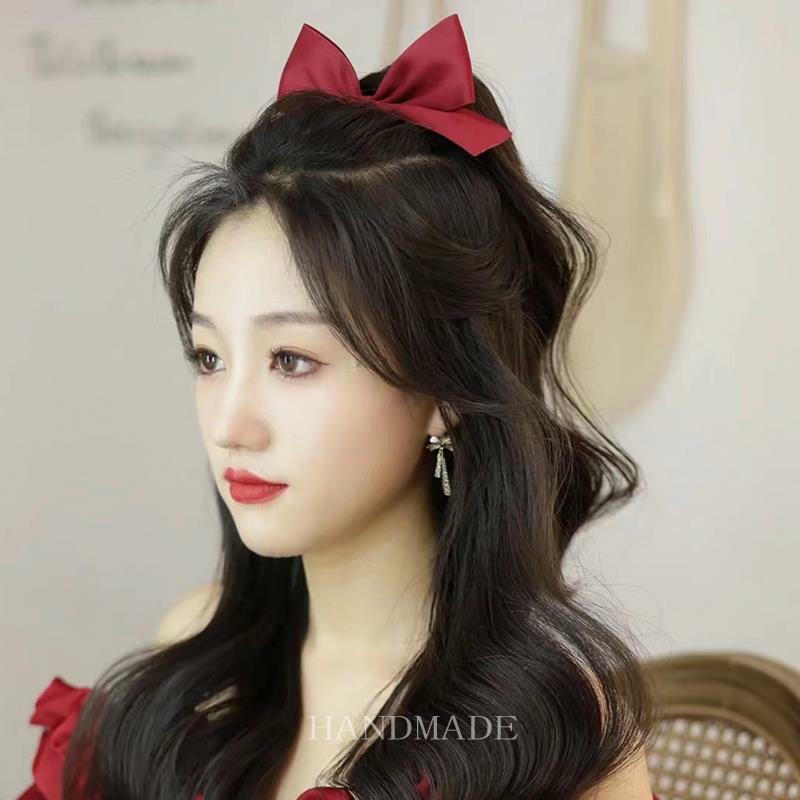 。在逃公主敬酒服头饰简单大气新娘结婚红色蝴蝶结发夹晚礼服配饰