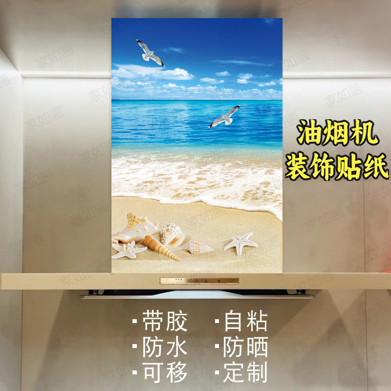 蓝天海景油烟机贴纸自粘防定制
