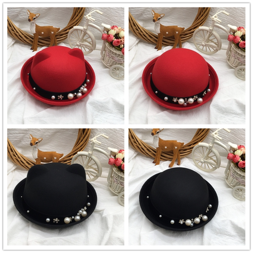 毛呢帽子儿童圣诞珍珠卷边幼稚