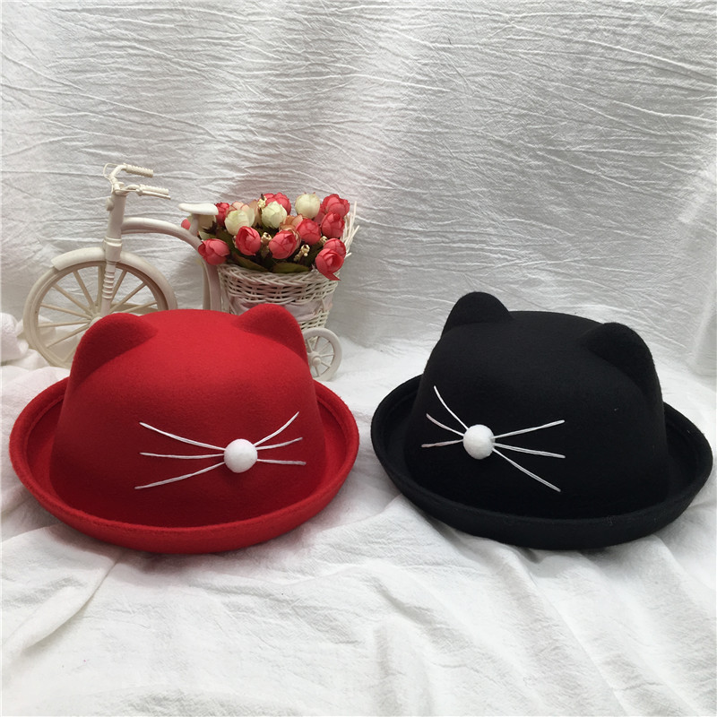 韩版潮可爱小礼帽男亲子款儿童毛呢帽子女秋冬休闲百搭甜美猫耳帽