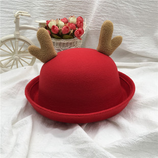 亲子款 小礼帽子女男儿童纯色毛呢帽秋圆顶英伦潮 鹿角圣诞帽冬韩版