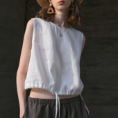 新款 白色纯亚麻背心女超薄透气无袖 上衣海边度假小衫 2025夏季 短款