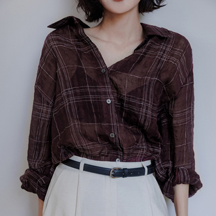 百搭款100%纯棉色织格纹衬衫女长袖宽松复古感上衣老钱风