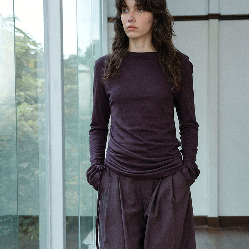 抽褶修身针织衫棉麻打底衫内搭长袖女秋冬t恤老钱风亚麻上衣紫色