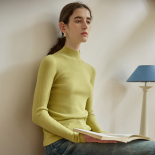 女薄款 长袖 秋冬上衣绿色修身 半高领打底衫 针织衫 精纺超细毛针织衫